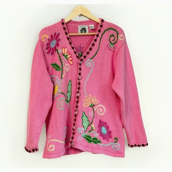 Vintage Storybook Knits Pink 3D Floral Cardigan Sweater Size 1X Fairytale Glam - Picture 1 of 16